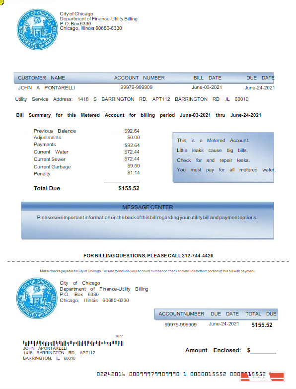 USA CITY OF CHICAGO utility bill Word and PDF template